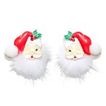 Wholesale fuzzy Santa Beard Stud Earrings jolly enamel Santa holly trimmed hat s