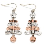 Wholesale hammered Metal Christmas Tree Drop Earrings stacked hammered tiers top
