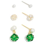 Wholesale set Three Pearl Glass Crystal Stud Drop Earrings Gold Dipped L
