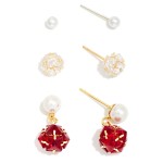 Wholesale set Three Pearl Glass Crystal Stud Drop Earrings Gold Dipped L
