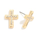 Wholesale rhinestone Cross Stud Earrings hammered metal cross inlaid line sparkl