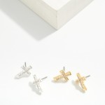 Wholesale rhinestone Cross Stud Earrings hammered metal cross inlaid line sparkl