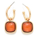 Wholesale cushion Stone Hoop Charm Earrings framed square cabochon stone dangles