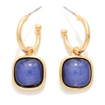 Wholesale cushion Stone Hoop Charm Earrings framed square cabochon stone dangles