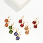 Wholesale cushion Stone Hoop Charm Earrings framed square cabochon stone dangles