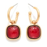 Wholesale cushion Stone Hoop Charm Earrings framed square cabochon stone dangles