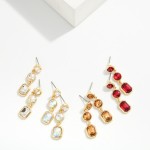 Wholesale linear Crystal Drop Earrings three graduated glass stones octagon roun