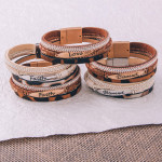 Wholesale three layered faux leather bracelet metal Faith engraved animal print