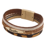 Wholesale three layered faux leather bracelet metal Faith engraved animal print