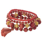 Wholesale wood beaded stretch bracelet set faceted bead details raffia tassel ac