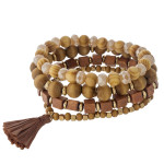 Wholesale wood beaded stretch bracelet set faceted bead details raffia tassel ac