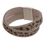 Wholesale faux leather criss cross leopard print magnetic bracelet Magnetic clos
