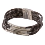 Wholesale faux leather multi strand leopard print magnetic bracelet silver accen