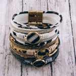 Wholesale faux leather wrapped multi strand leopard print magnetic bracelet cowh