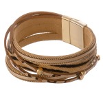 Wholesale faux leather multi strand animal print magnetic bracelet gold bead acc