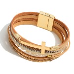 Wholesale faux Leather Pearl Beaded Cross Magnetic Bracelet Rhinestone Details M