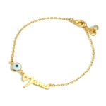 Gold Dipped Evil Eye Bracelet that says "Mama".

- Gold Dipped
- Approximately 2.5" in Diameter
- Extender Approximately 1" in Length