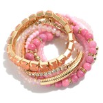 Set of Eight Beaded Stretch Bracelets Featuring Glass and Gold Tone Beads with Rhinestone Accents

- Approximately 2.5" Diameter