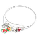 Silver Tone Bangle Bracelet Featuring Enamel Stocking Charm and Christmas Charms.

- Approximately 2.5" Diameter