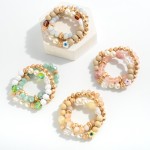 Wholesale set Three Beaded Stretch Bracelet Wood Gold Square Flower Beads Diamet