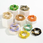 Wholesale set Five Wood Beaded Stretch Bracelets Gold Foil Textured Accent Beads