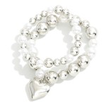Wholesale set Two Metal Pearl Beaded Stretch Bracelets Heart Charm D