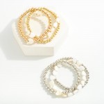 Wholesale set Three Metal Beaded Stretch Bracelets Mother Pearl Hearts D