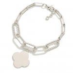 White Gold Dipped Chain Link Bracelet Featuring Twisted Metal Links & Clover Charm

- Approximately 3" D
- .75" Extender 