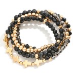 Wholesale set Five Beaded Stretch Bracelets Natural Stone Faceted Beads Gold Cro