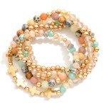 Wholesale set Five Beaded Stretch Bracelets Natural Stone Faceted Beads Gold Cro