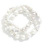 Wholesale set Three Pearl Beaded Stretch Bracelets Metal Beads D