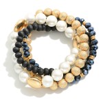 Wholesale set Four Mixed Media Stretch Bracelets Pearl Wood Textured Metal Beads
