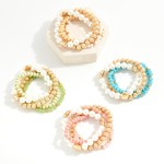 Wholesale set Four Mixed Media Stretch Bracelets Pearl Wood Textured Metal Beads
