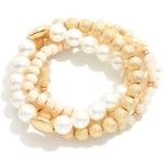 Wholesale set Four Mixed Media Stretch Bracelets Pearl Wood Textured Metal Beads