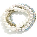 Wholesale set Four Mixed Media Stretch Bracelets Pearl Wood Textured Metal Beads