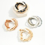 Wholesale set Four Mixed Media Stretch Bracelets Pearl Wood Textured Metal Beads