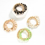 Set Of Three Beaded Stretch Bracelets Featuring Gold Tones, Semi-Precious Stones, & Faceted Beads

- Approximately 3" D