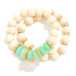 Wholesale set Two Wood Beaded Stretch Bracelets Natural Stone Disc Beads Raw Cry