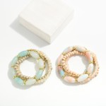 Wholesale set Four Beaded Stretch Bracelets Elongated Polished Natural Stone Bea