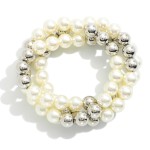 Wholesale set Three Beaded Stretch Bracelets Metal Tones Pearls D