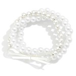Wholesale set Three Beaded Stretch Bracelets Pearl Metal Beads Metal Bow Charm D