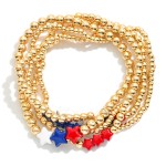 Wholesale set Five Metal Beaded Stretch Bracelets Red White Blue Star Beads
