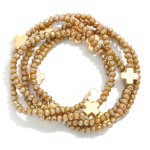 Wholesale set Five Faceted Glass Bead Stretch Bracelets Dainty Metal Gold Cross