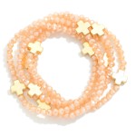 Wholesale set Five Faceted Glass Bead Stretch Bracelets Dainty Metal Gold Cross