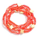 Wholesale set Five Faceted Glass Bead Stretch Bracelets Dainty Metal Gold Cross