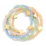 Wholesale set Five Faceted Glass Bead Stretch Bracelets Dainty Metal Gold Cross