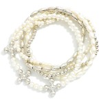 Wholesale set Five Pearl Metal Beaded Stretch Bracelets Dainty Beaded Cross Char