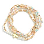 Wholesale set Six Seed Bead Pearl Gold Beaded Stretch Bracelets Cross Charm D