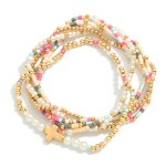 Wholesale set Six Seed Bead Pearl Gold Beaded Stretch Bracelets Cross Charm D