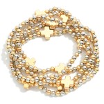 Wholesale set Five Metal Beaded Stretch Bracelets Dainty Metal Cross Beads D